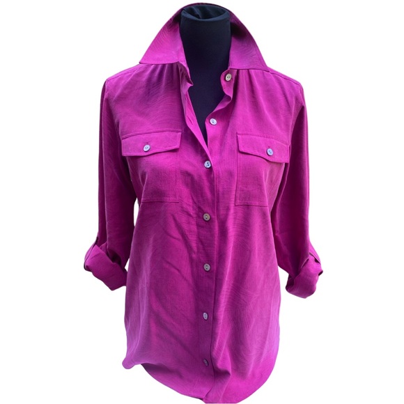 Chicos Fuchsia Silk Blouse Vintage Button-Up | Timeless Business Casual Top - Picture 3 of 9